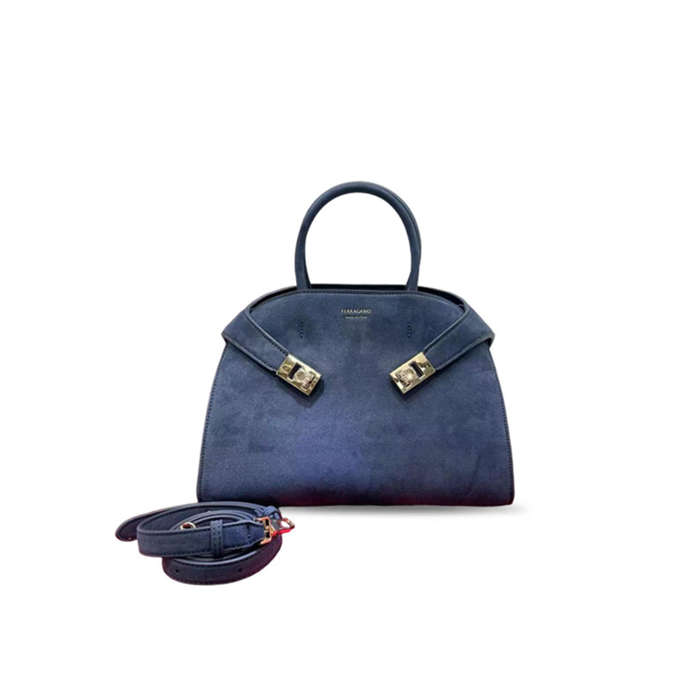 ferragamo De*1m blue suede hug handbag (32*24*17cm)